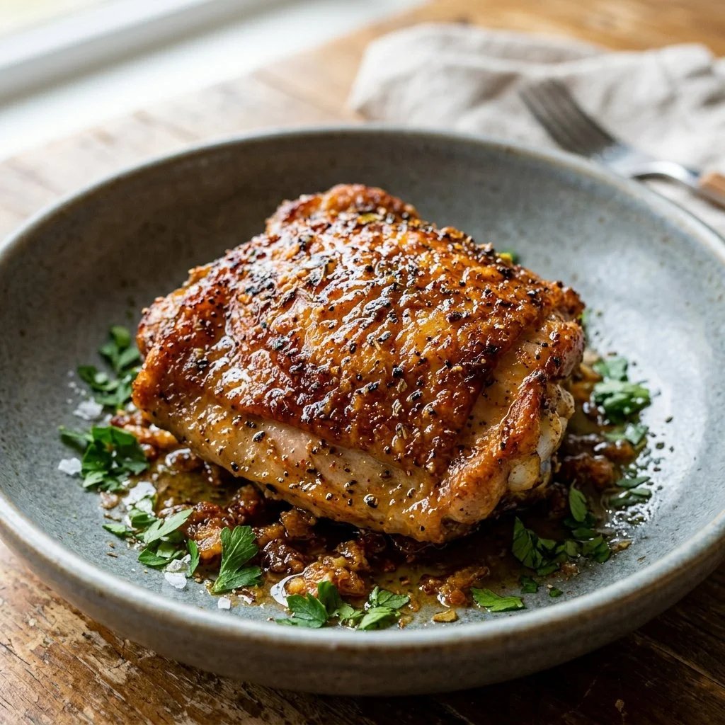 Delicious air fryer chicken thighs plated and ready to serve