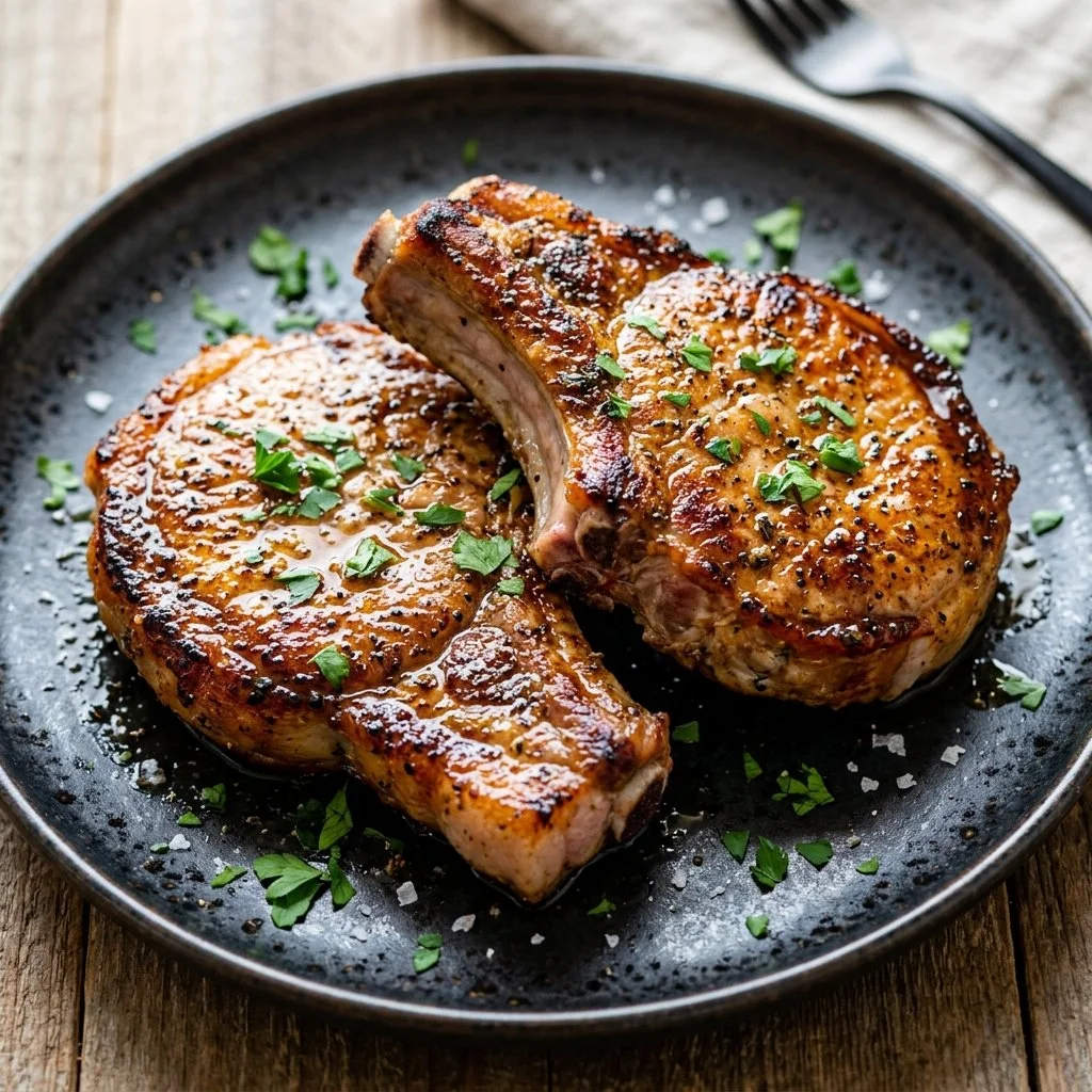 Crispy air fryer pork chops served with herbs and spices.
