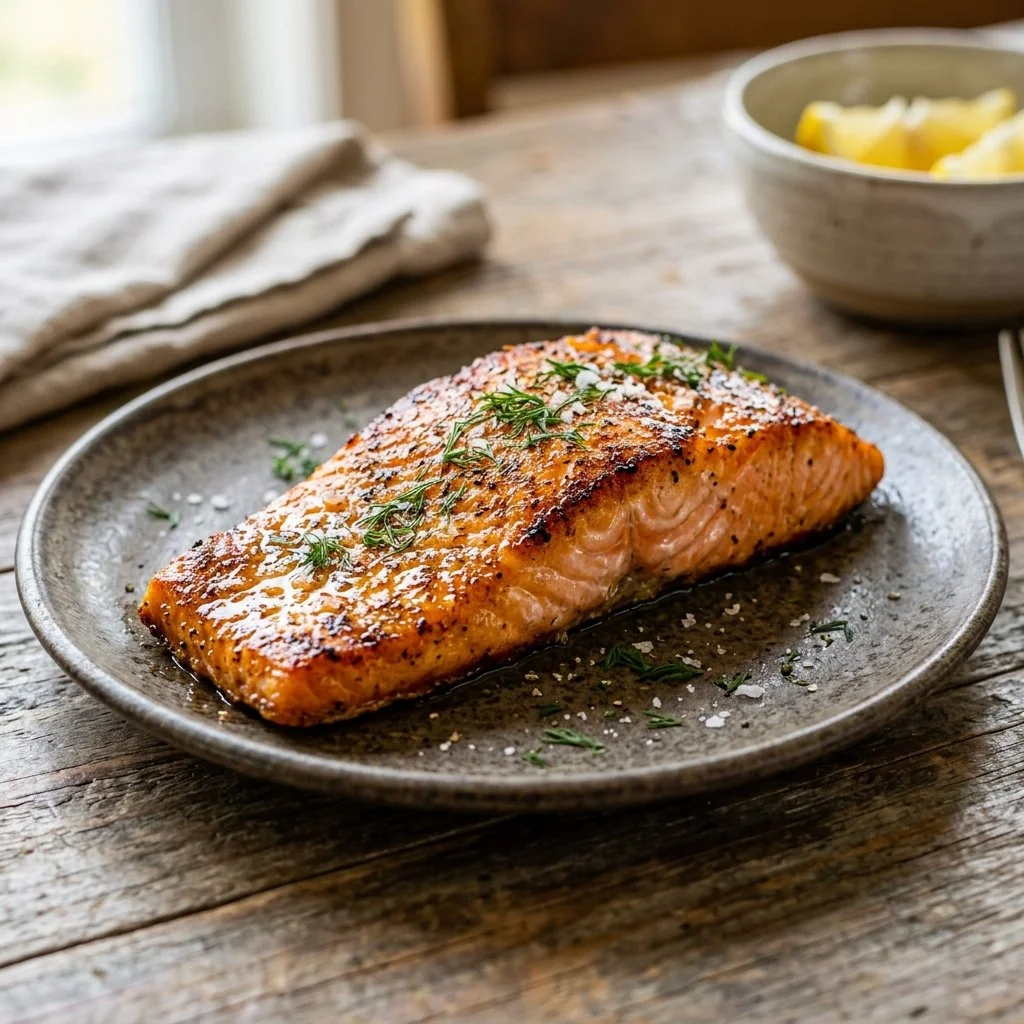 Delicious air fryer salmon served with lemon and herbs.
