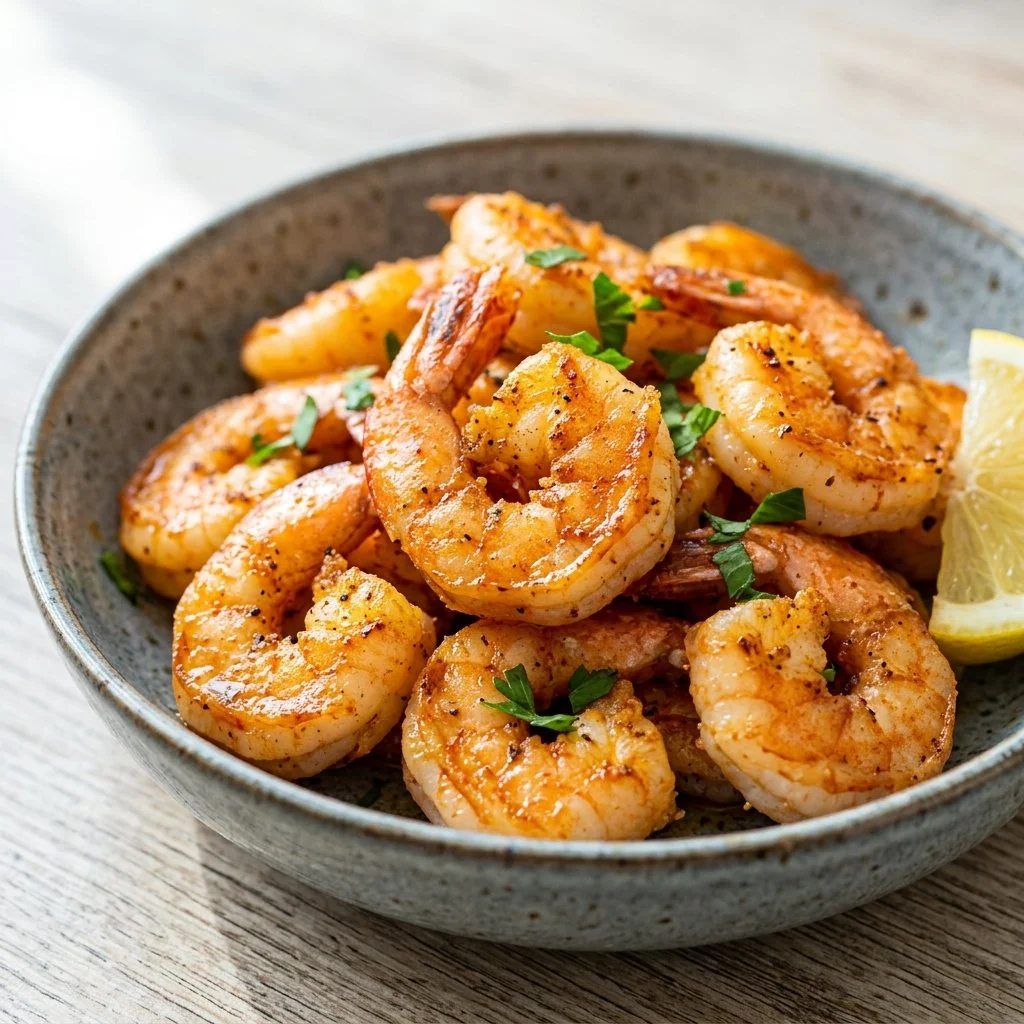 Deliciously cooked air fryer shrimp in a serving bowl with herbs and spices.
