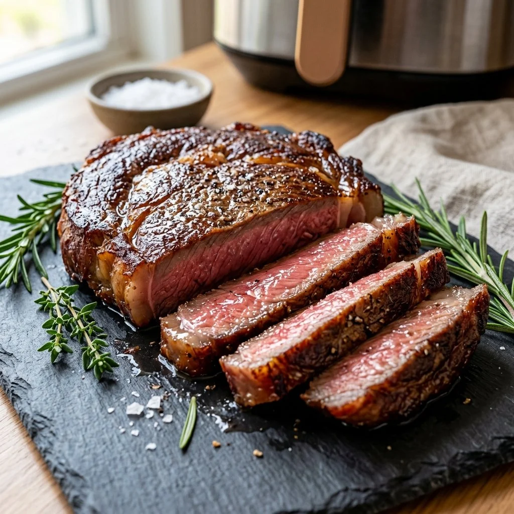 Juicy air fryer steak served on a plate with herbs and spices