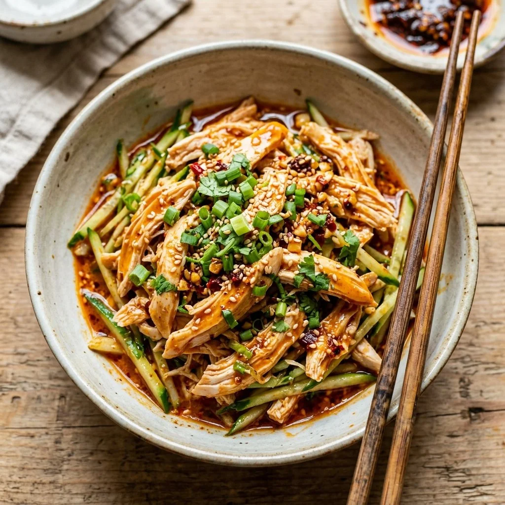 Delicious Bang Bang Chicken served on a plate with sauce and garnishes