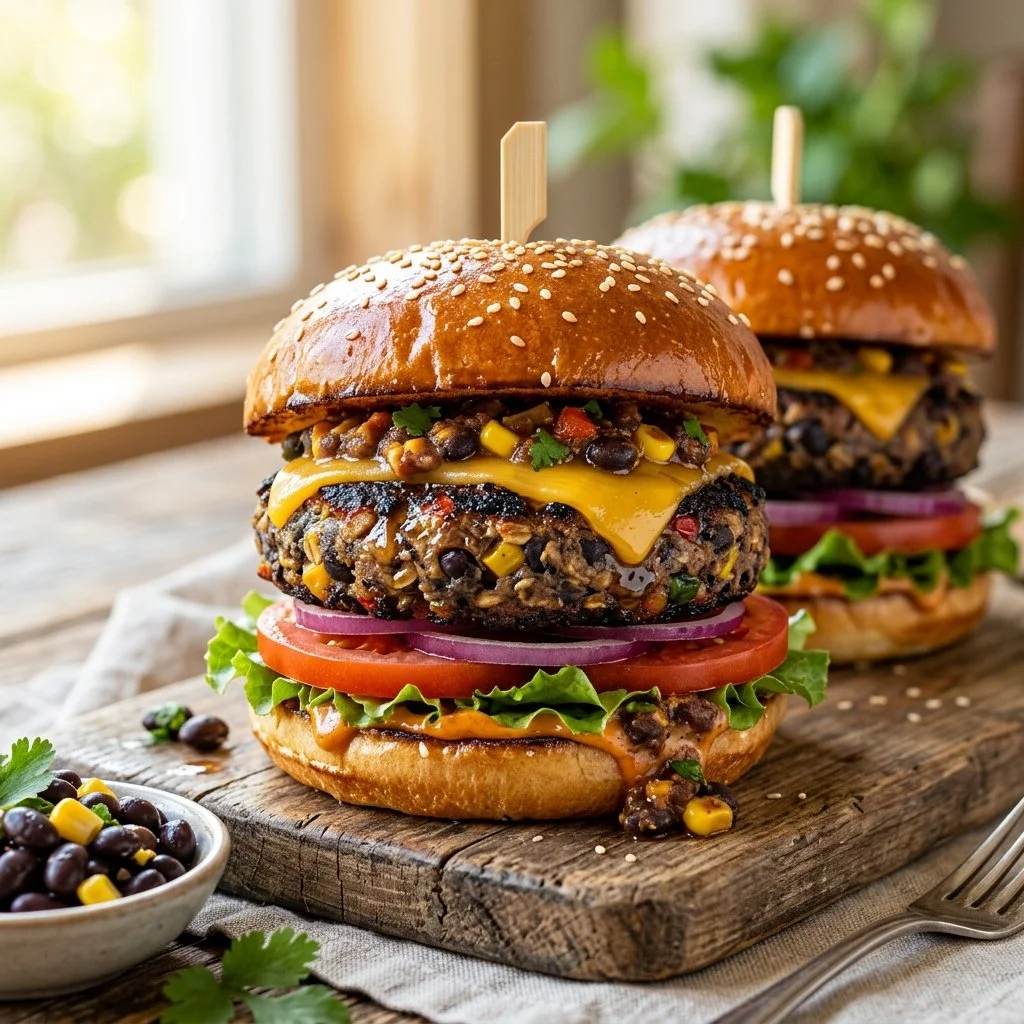 Delicious black bean burgers served with fresh toppings on a plate