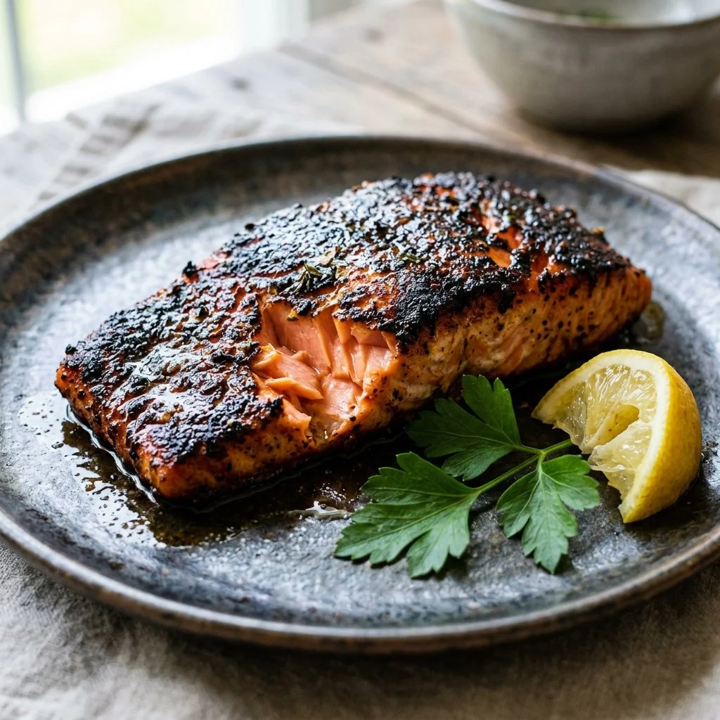 Deliciously seasoned blackened salmon fillet on a plate with herbs and lemon