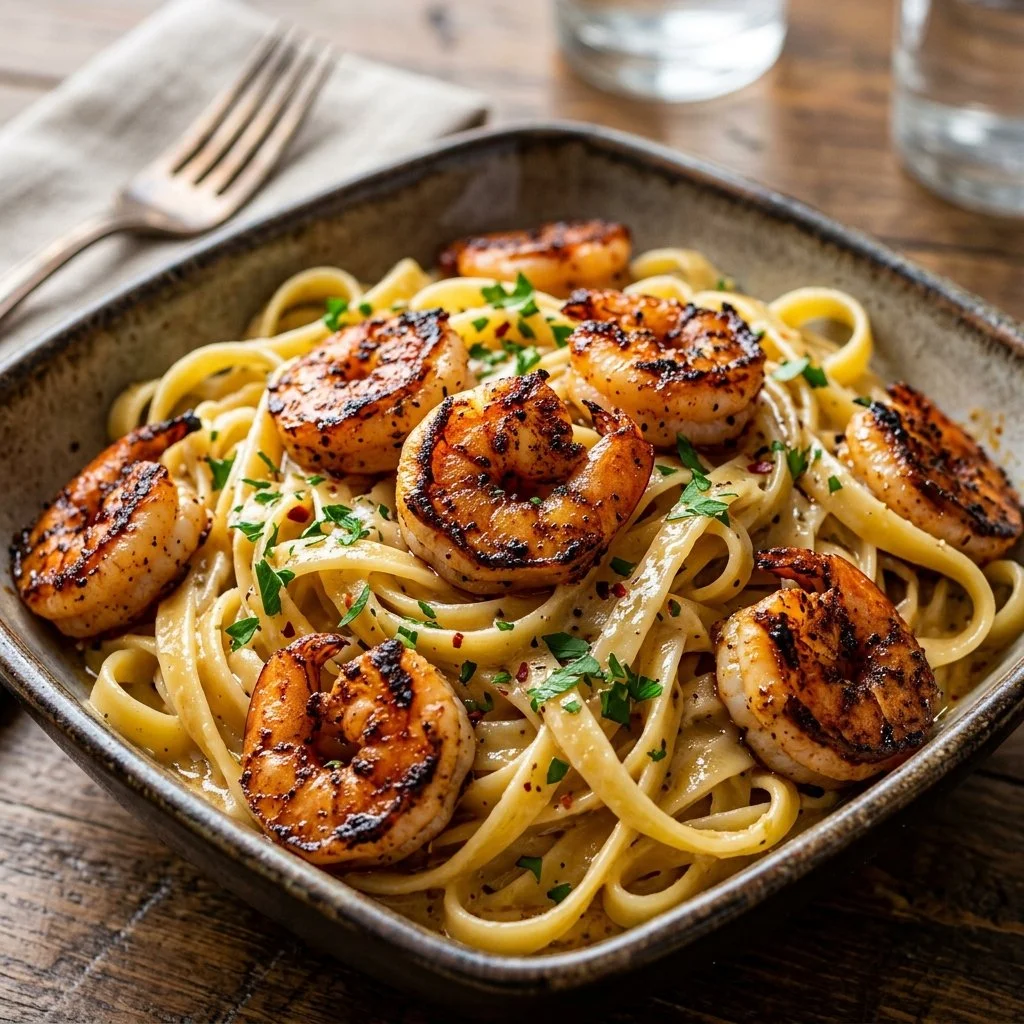 Plate of blackened shrimp pasta with herbs and spices