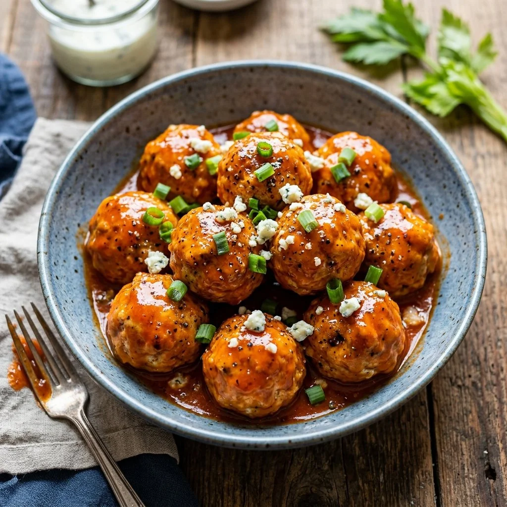 Buffalo Chicken Meatballs recipe with spicy sauce and garnishes