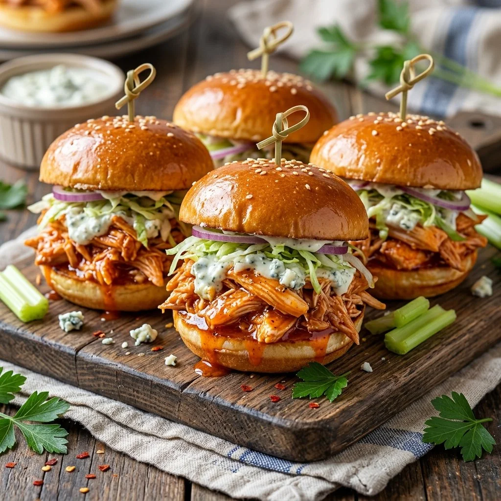 Buffalo Chicken Sliders served on a plate with dipping sauce