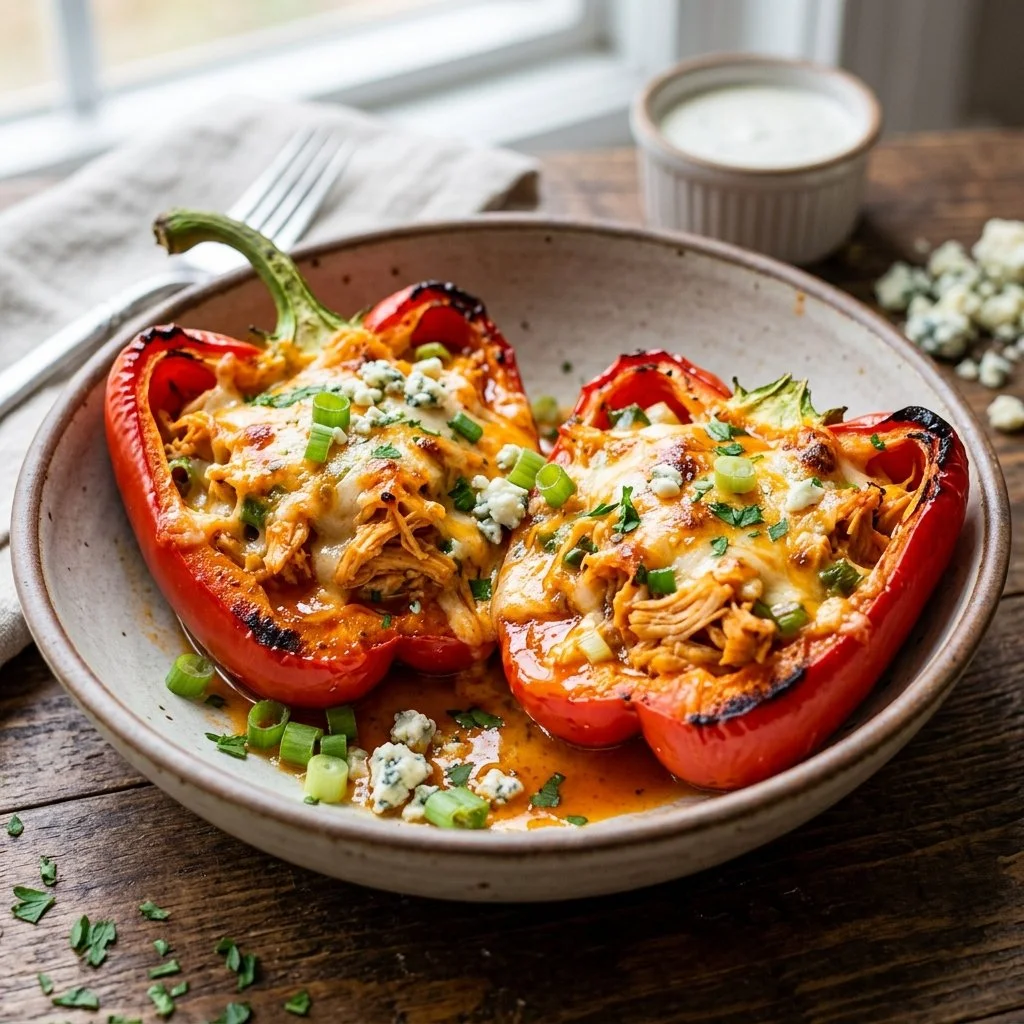 Buffalo Chicken Stuffed Peppers on a plate, garnished and ready to serve.