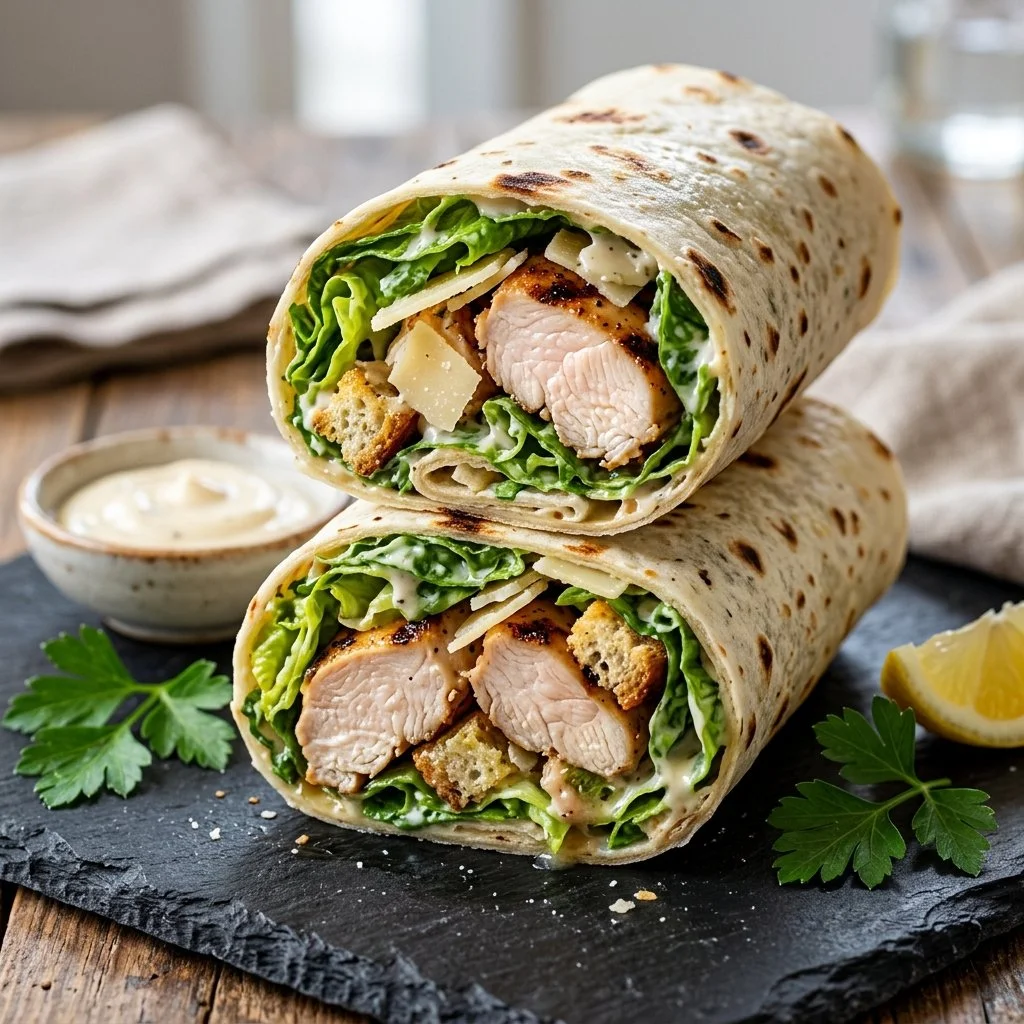 Delicious homemade Caesar Chicken Wrap filled with romaine lettuce and grilled chicken