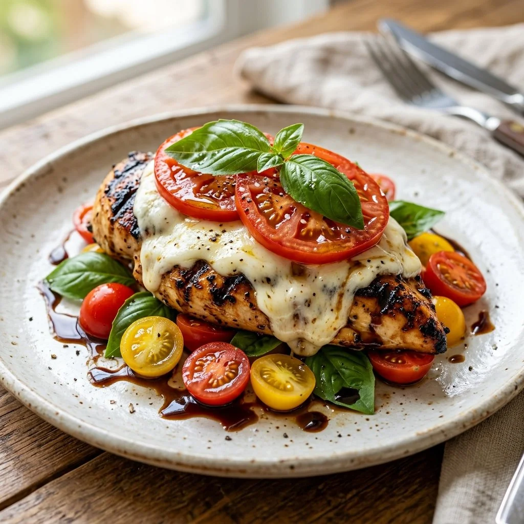 Delicious Caprese Chicken garnished with basil, tomatoes, and mozzarella cheese.