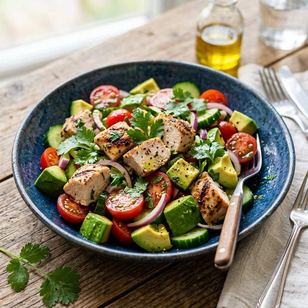 Delicious Chicken Avocado Salad with fresh ingredients in a bowl