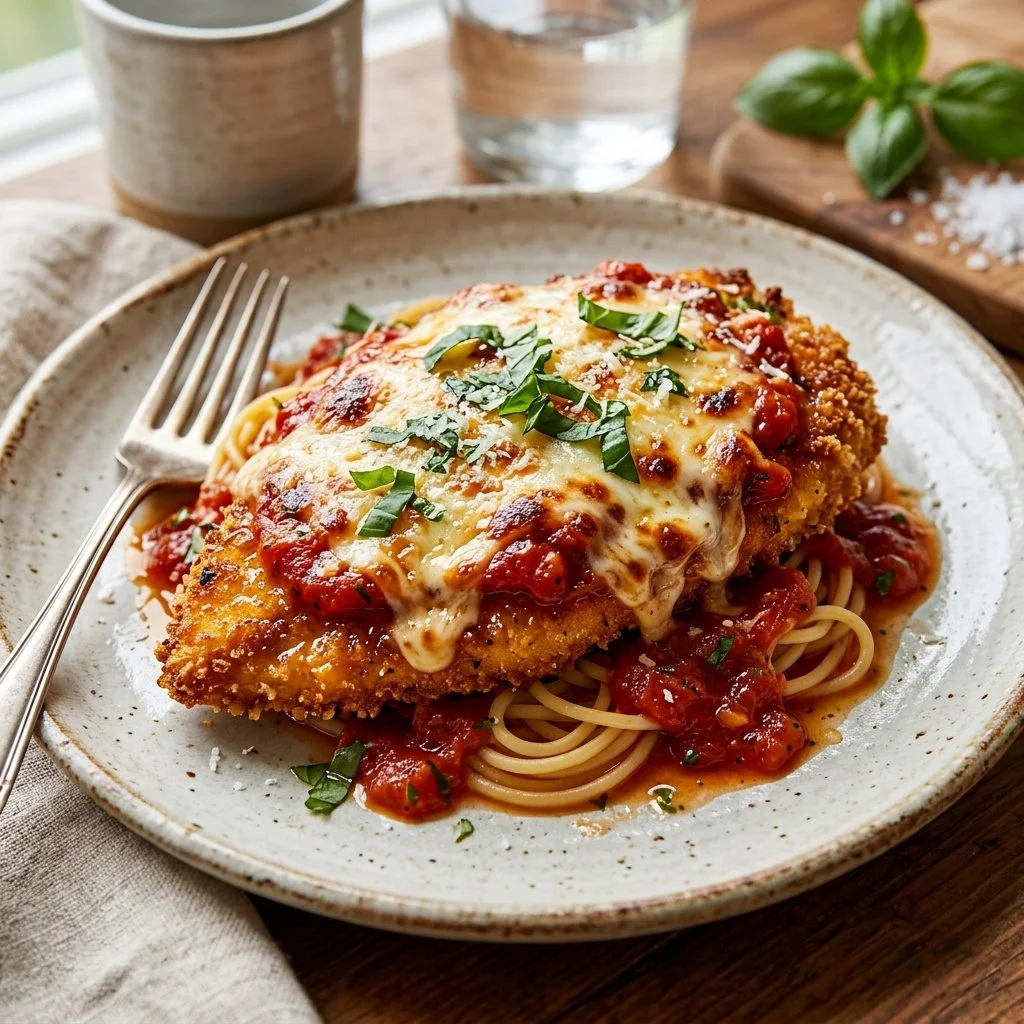 A plate of homemade Chicken Parmesan garnished with fresh basil and marinara sauce.