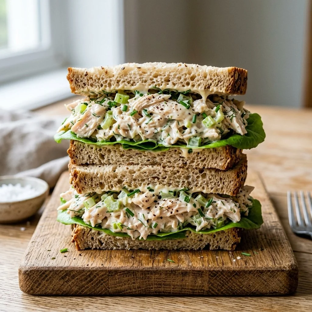 Delicious chicken salad sandwich on a wooden table