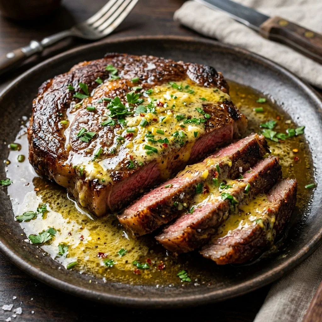 Delicious Cowboy Butter Steak served with herbs and spices on a plate.