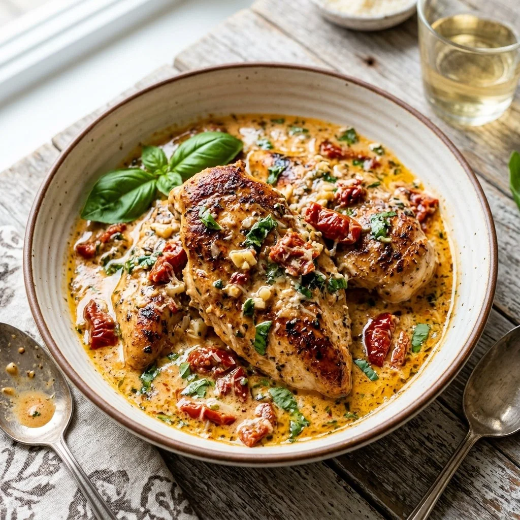 Delicious creamy garlic chicken served with herbs and vegetables