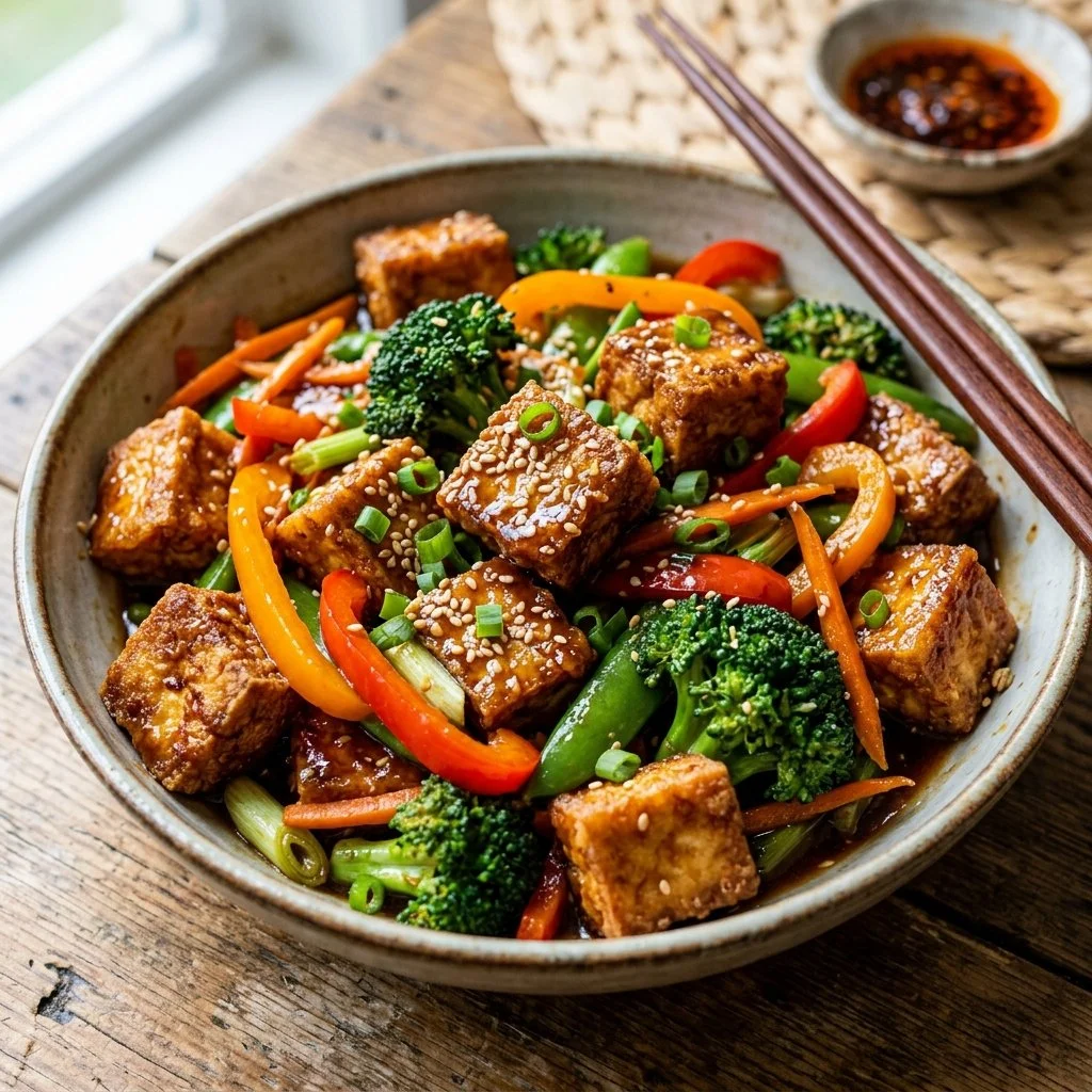 Crispy tofu stir-fry with colorful veggies in a skillet