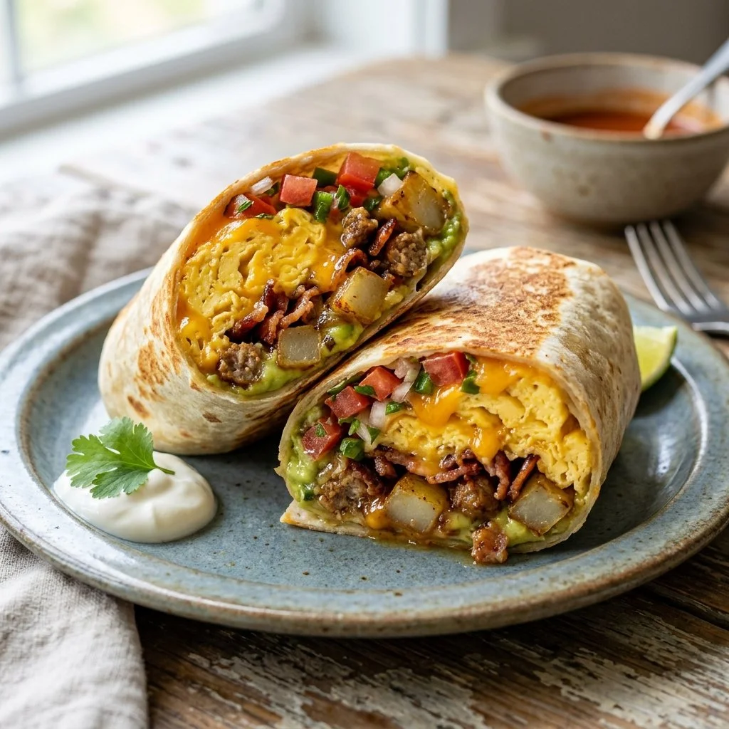 Delicious easy breakfast burritos filled with eggs, cheese, and veggies