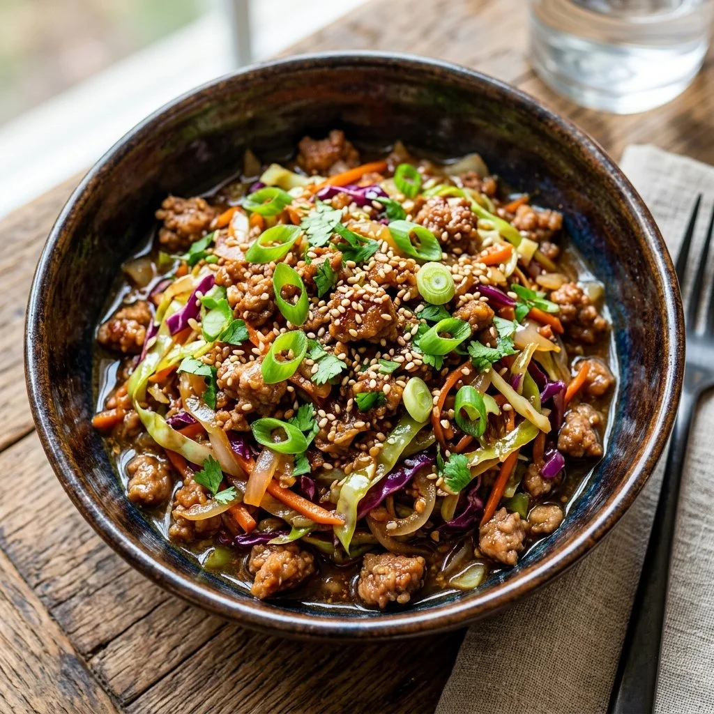 Colorful egg roll bowl with veggies and protein in a vibrant dish