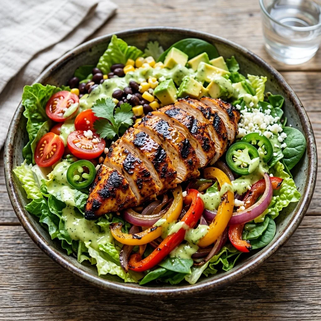 Colorful Fajita Chicken Salad with bell peppers, chicken, and fresh greens