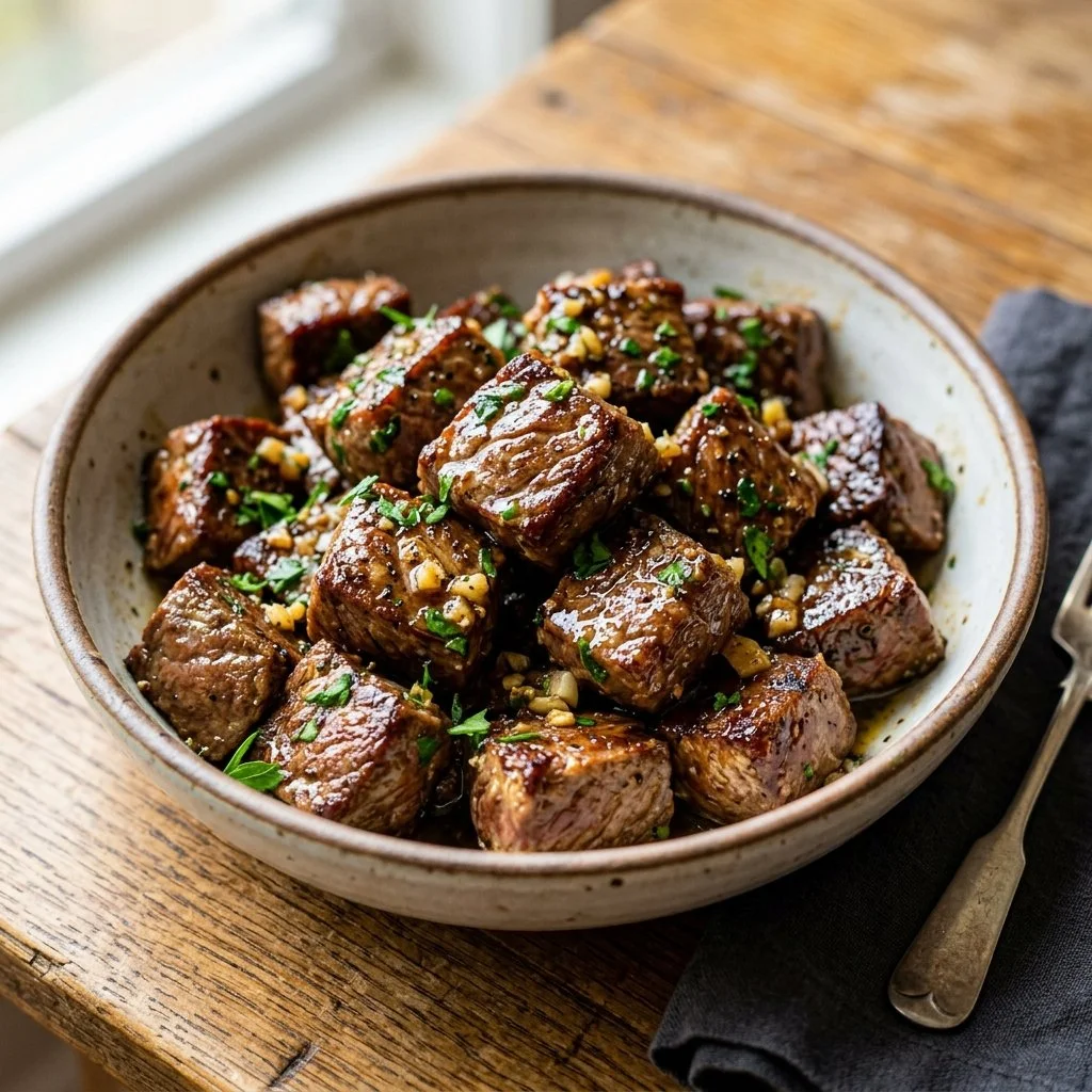 Garlic butter steak bites served on a plate, garnished with herbs.