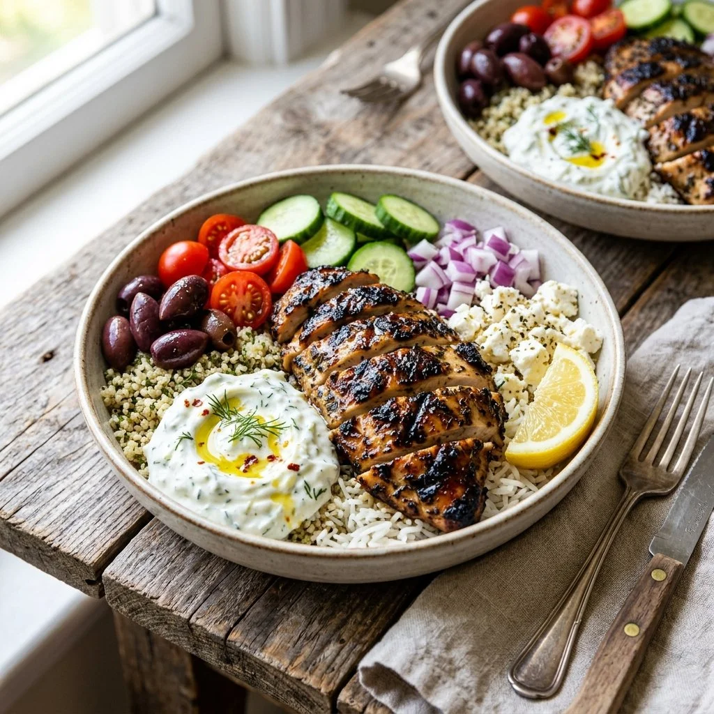 Greek chicken bowls with fresh vegetables and tzatziki sauce