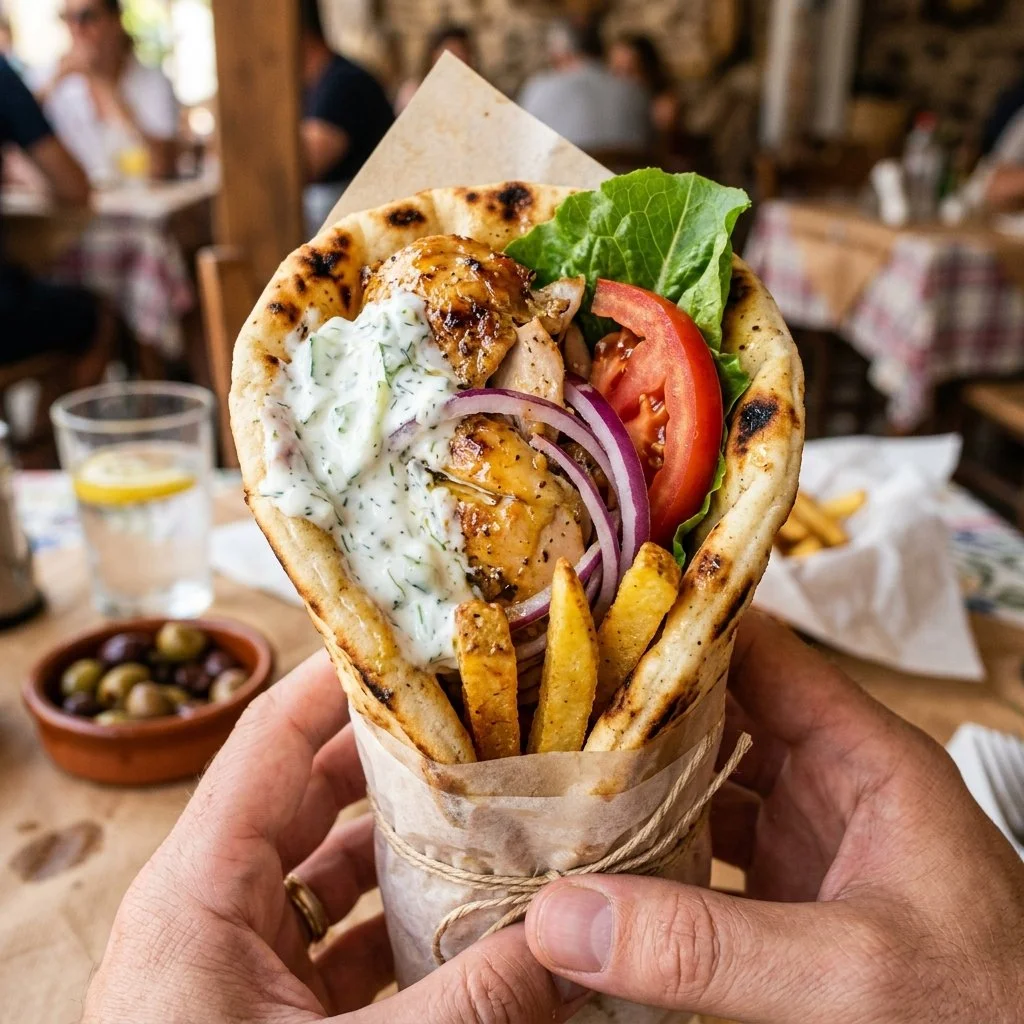 Delicious Greek Chicken Gyros served with fresh vegetables and tzatziki sauce