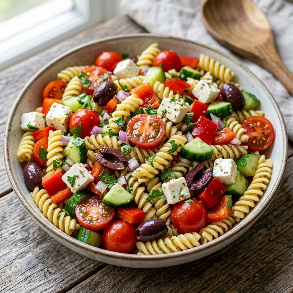 Greek-style pasta salad with fresh vegetables and feta cheese