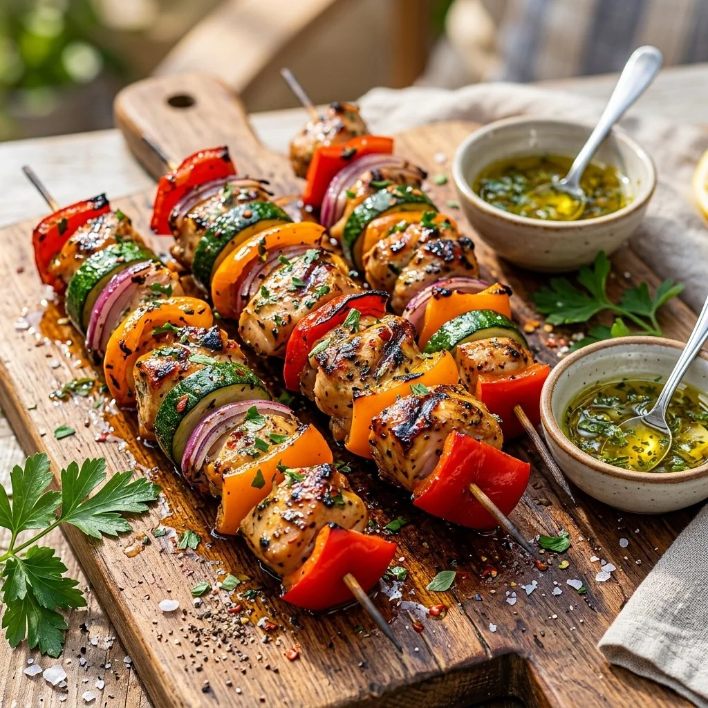 Grilled chicken kabobs with colorful vegetables on a skewer