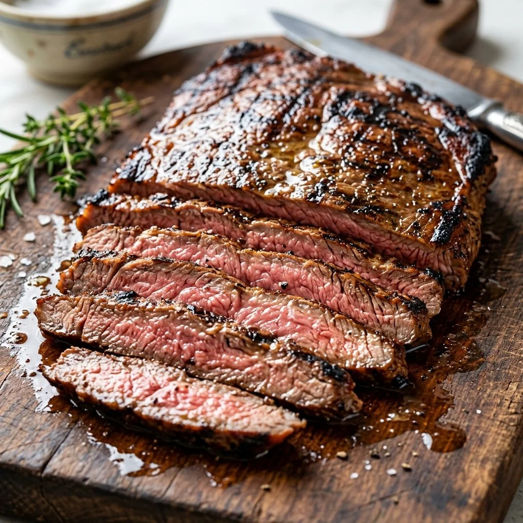 Deliciously grilled flank steak served on a platter with herbs and spices.