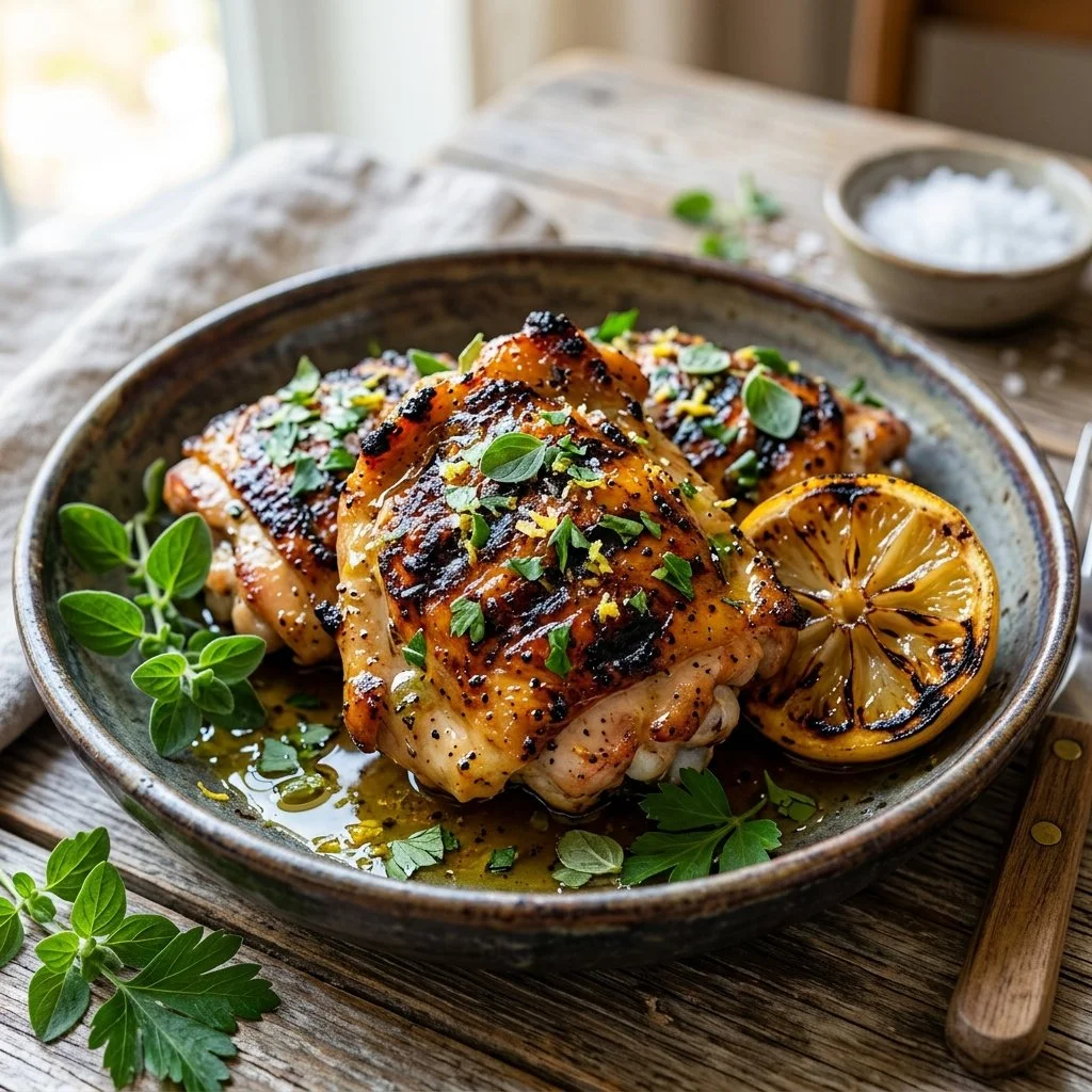 Delicious grilled lemon chicken garnished with fresh herbs
