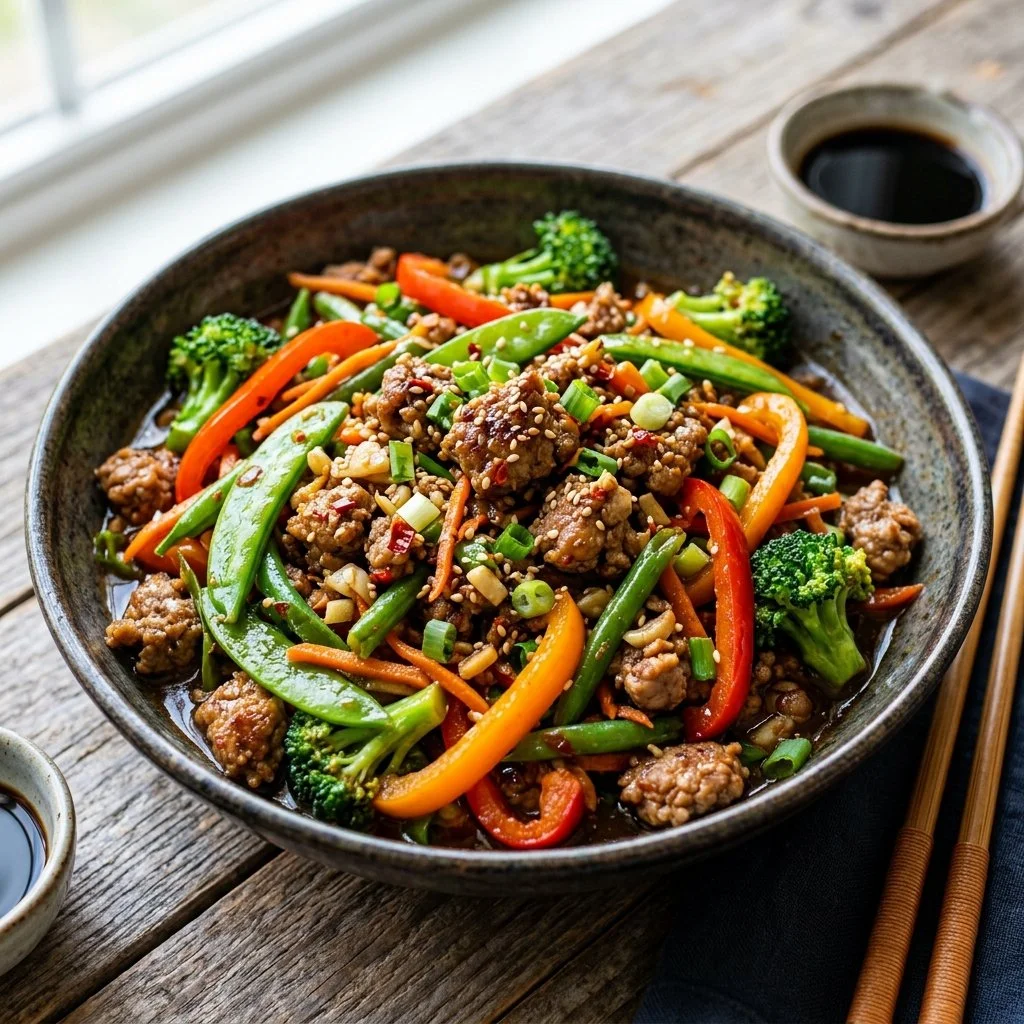 Healthy ground turkey stir fry with vibrant vegetables and spices