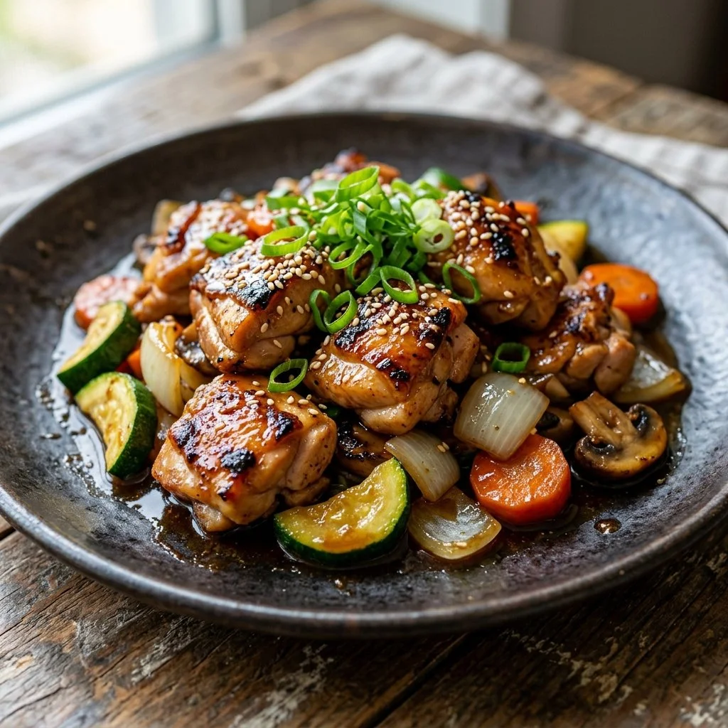 Sizzling Hibachi Chicken served with vegetables and rice on a grill