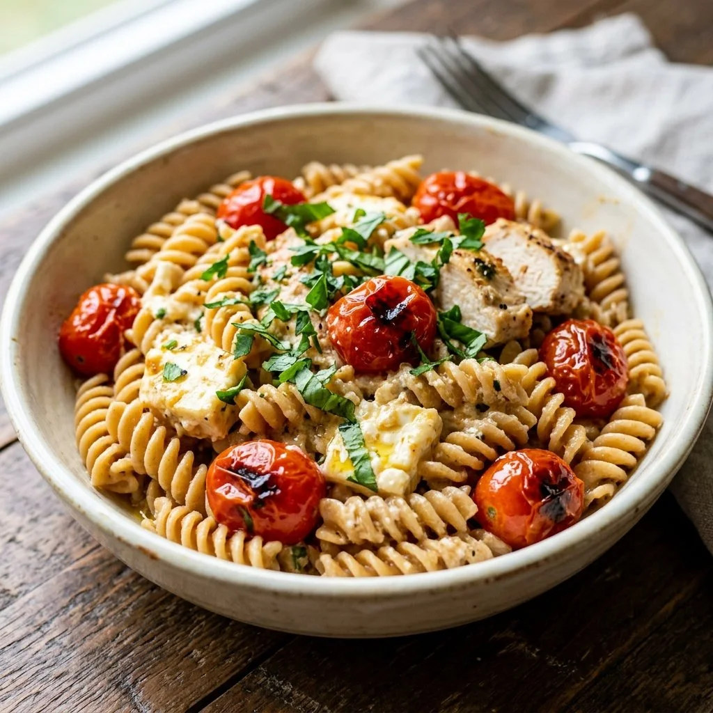 High protein feta pasta dish with fresh ingredients