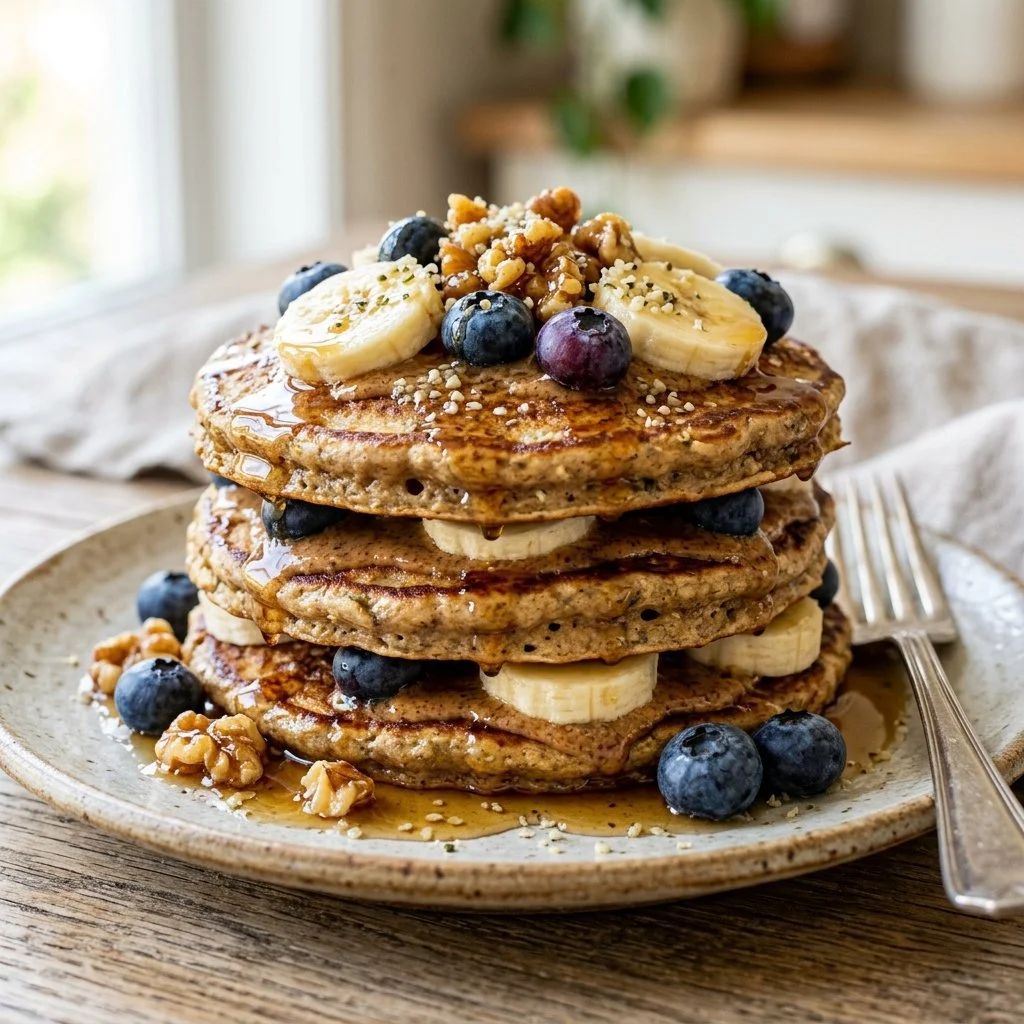 Stack of fluffy high-protein pancakes topped with fresh berries and maple syrup.