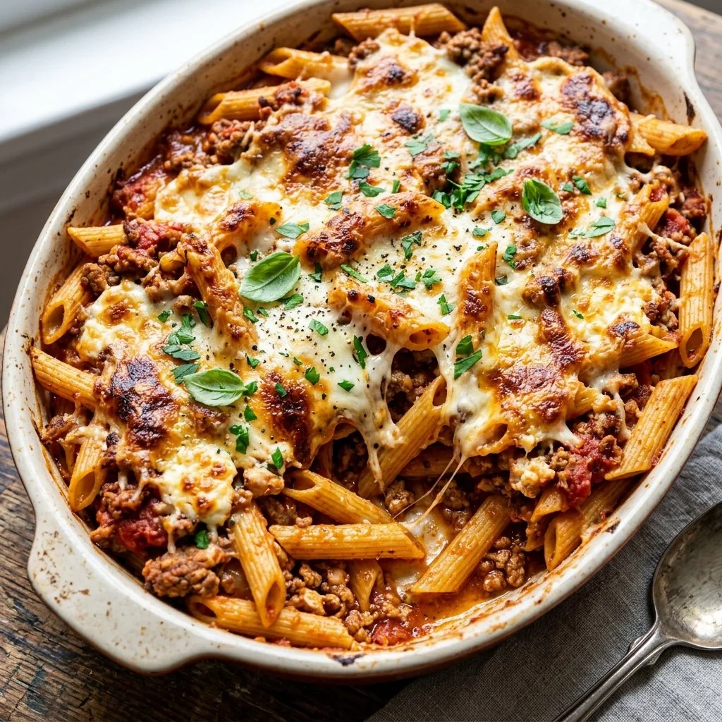 High protein pasta bake with cheese and vegetables, healthy comfort food