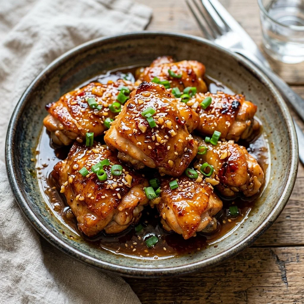 Honey garlic chicken dish garnished with herbs on a plate