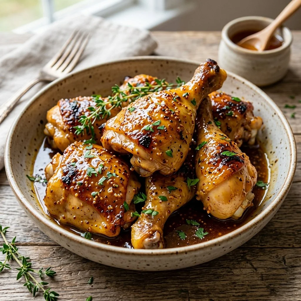 Juicy honey mustard chicken served with fresh vegetables on a plate