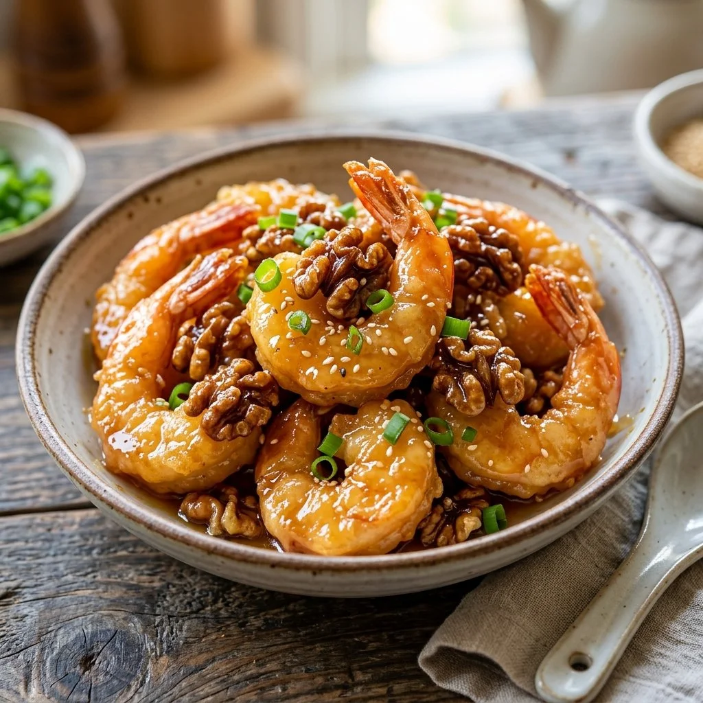 Plate of Honey Walnut Shrimp garnished with walnuts and herbs