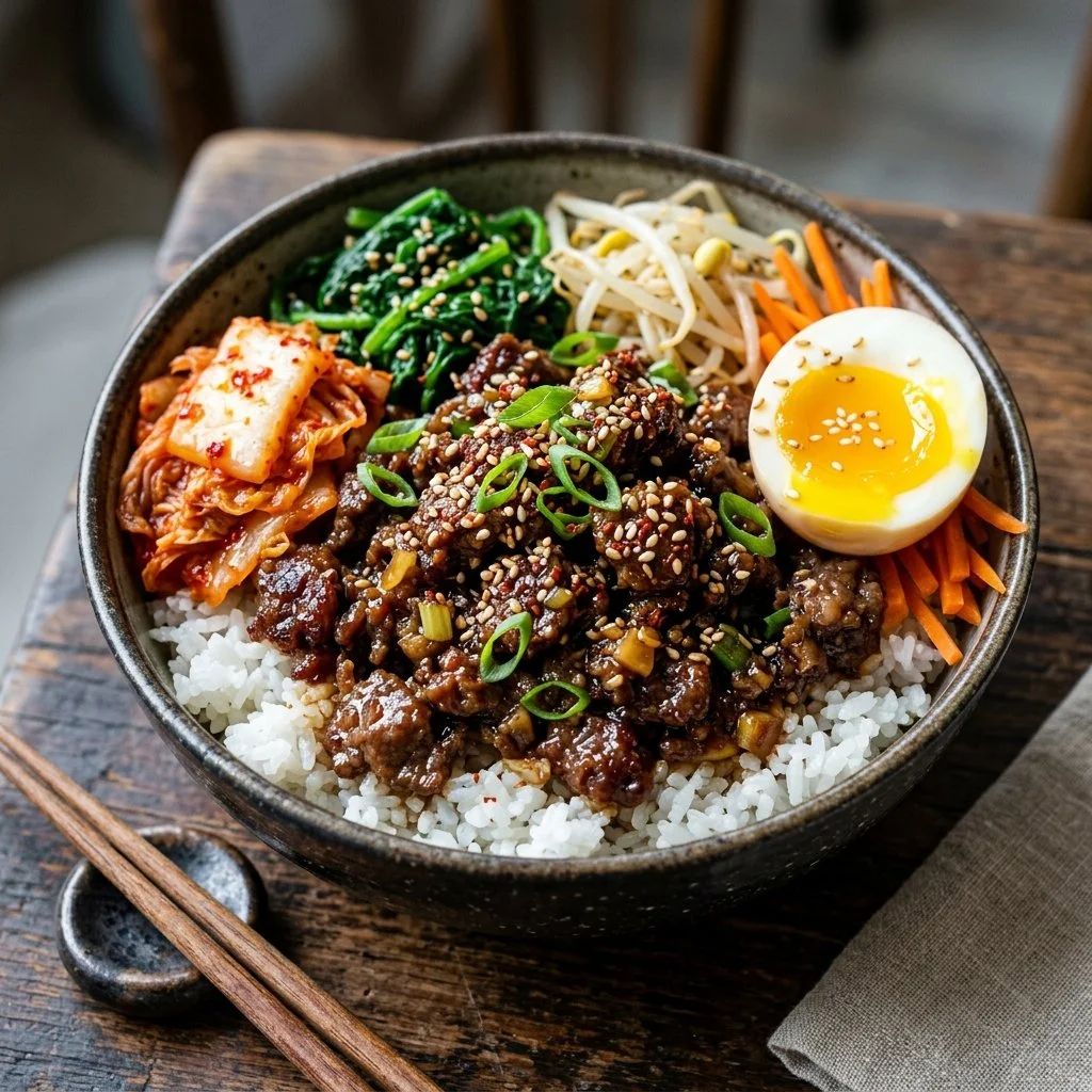Delicious Korean-style beef bowl served with rice and vegetables
