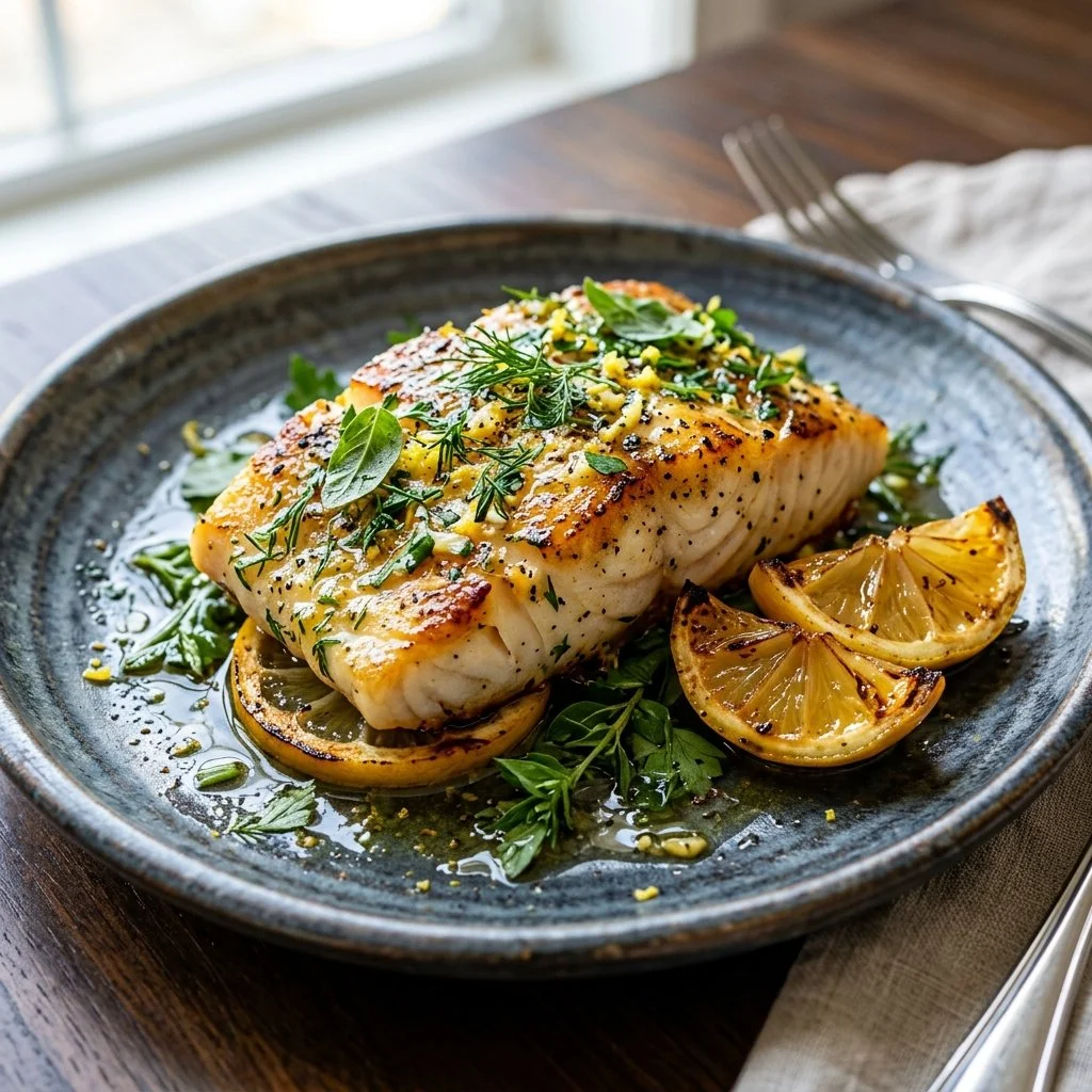 Baked lemon herb cod fillet garnished with fresh parsley and lemon slices