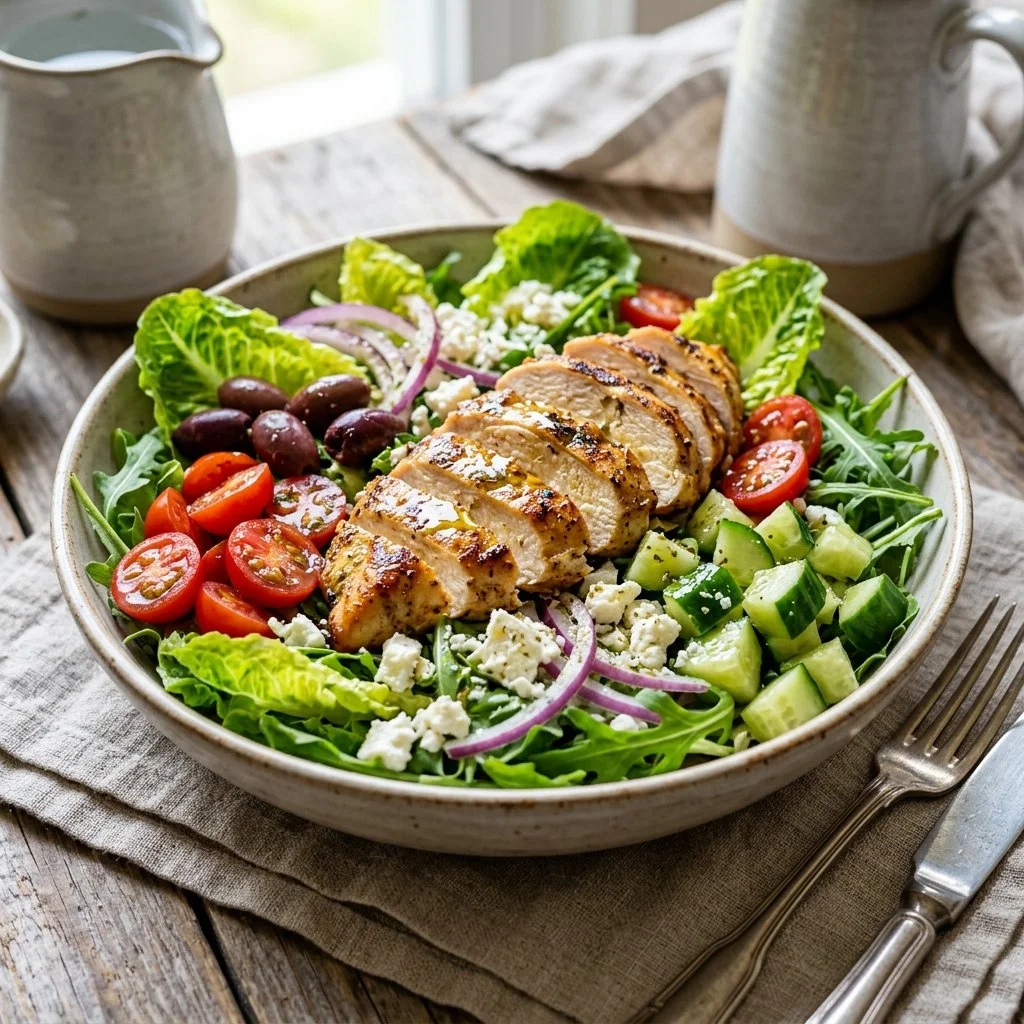 Bowl of Mediterranean Chicken Salad with colorful vegetables and grilled chicken