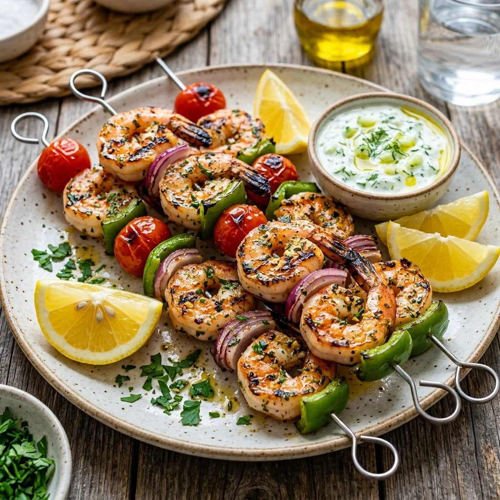 Grilled Mediterranean shrimp skewers with vibrant vegetables