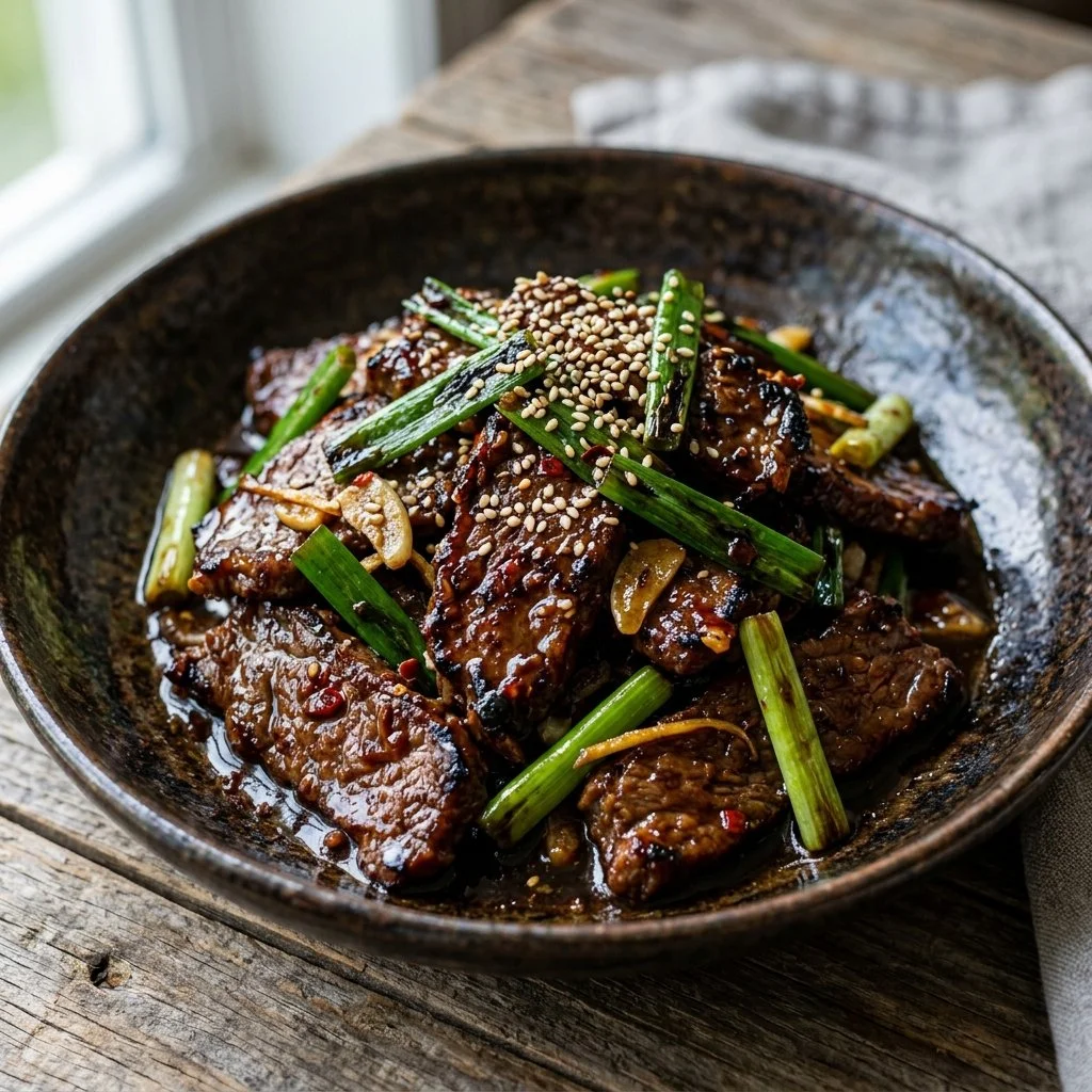 Delicious Mongolian Beef served with fresh vegetables and savory sauce