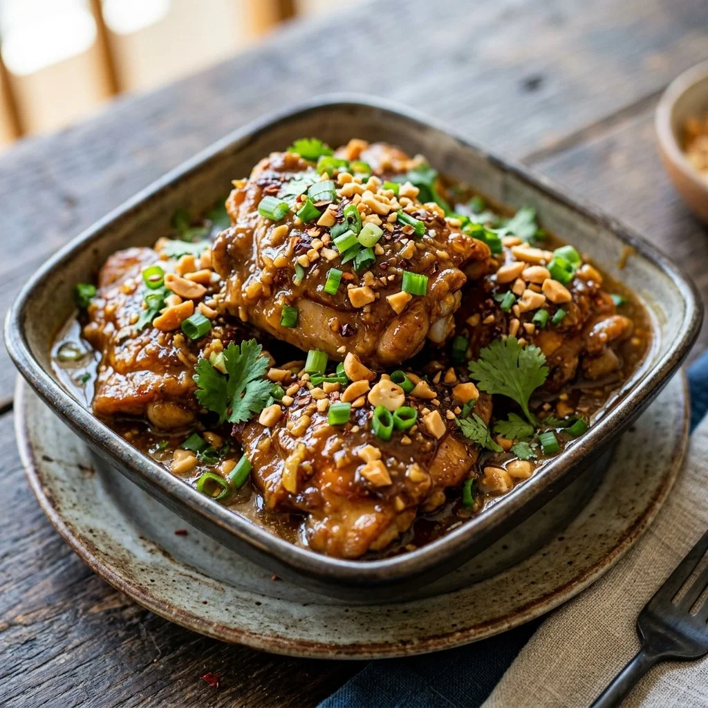Delicious plate of Peanut Ginger Chicken garnished with herbs