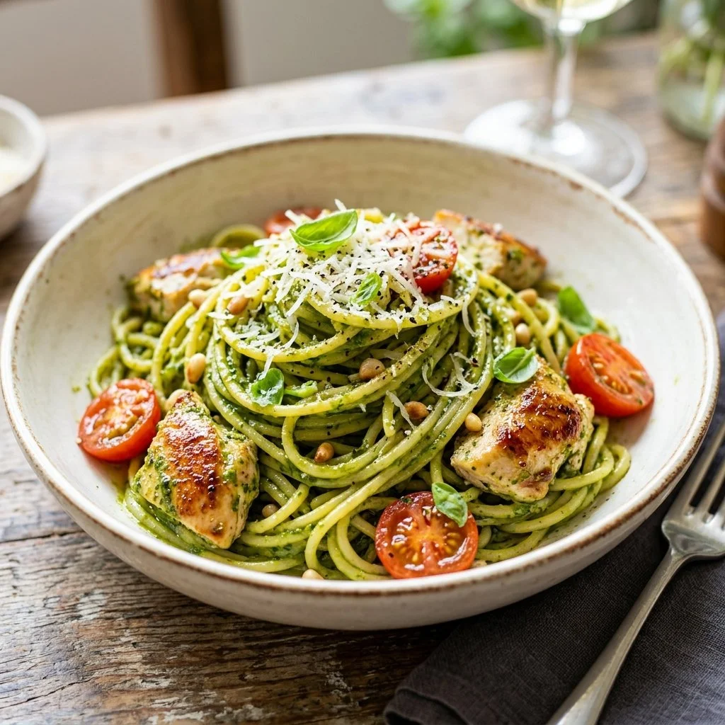 Delicious pesto chicken pasta served in a bowl with fresh basil garnish