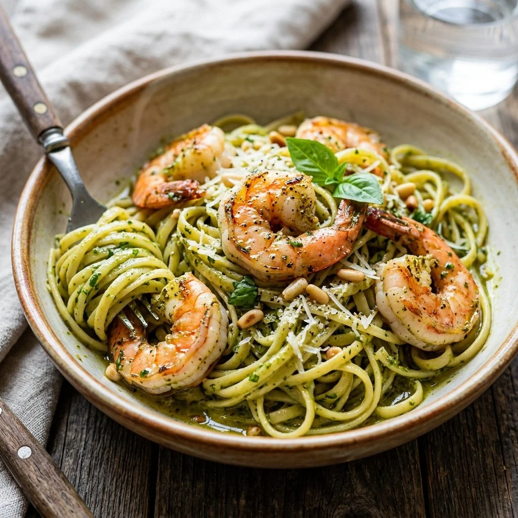 Delicious Pesto Shrimp Pasta topped with fresh herbs and shrimp