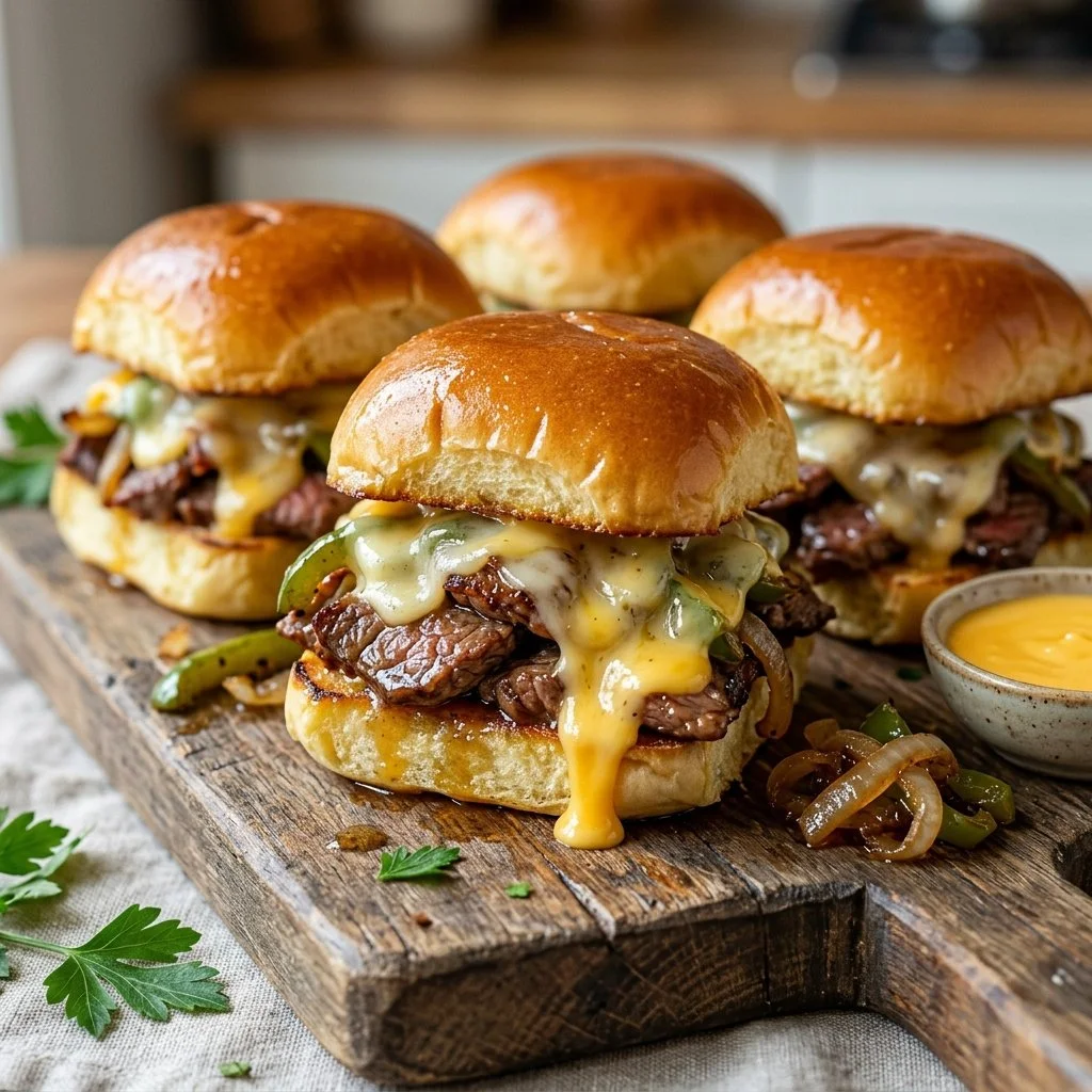 Delicious Philly Cheesesteak Sliders served on a plate.