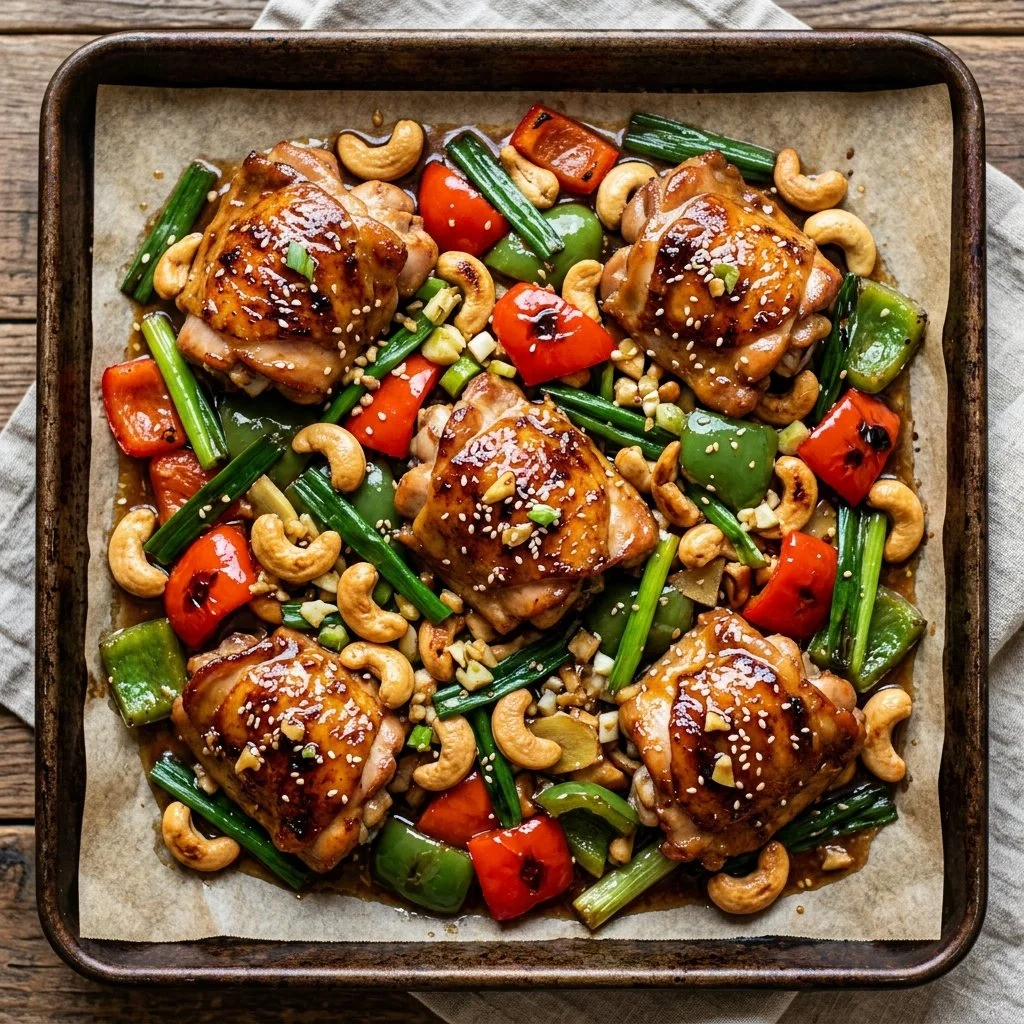 Delicious sheet pan cashew chicken with vegetables ready to serve.