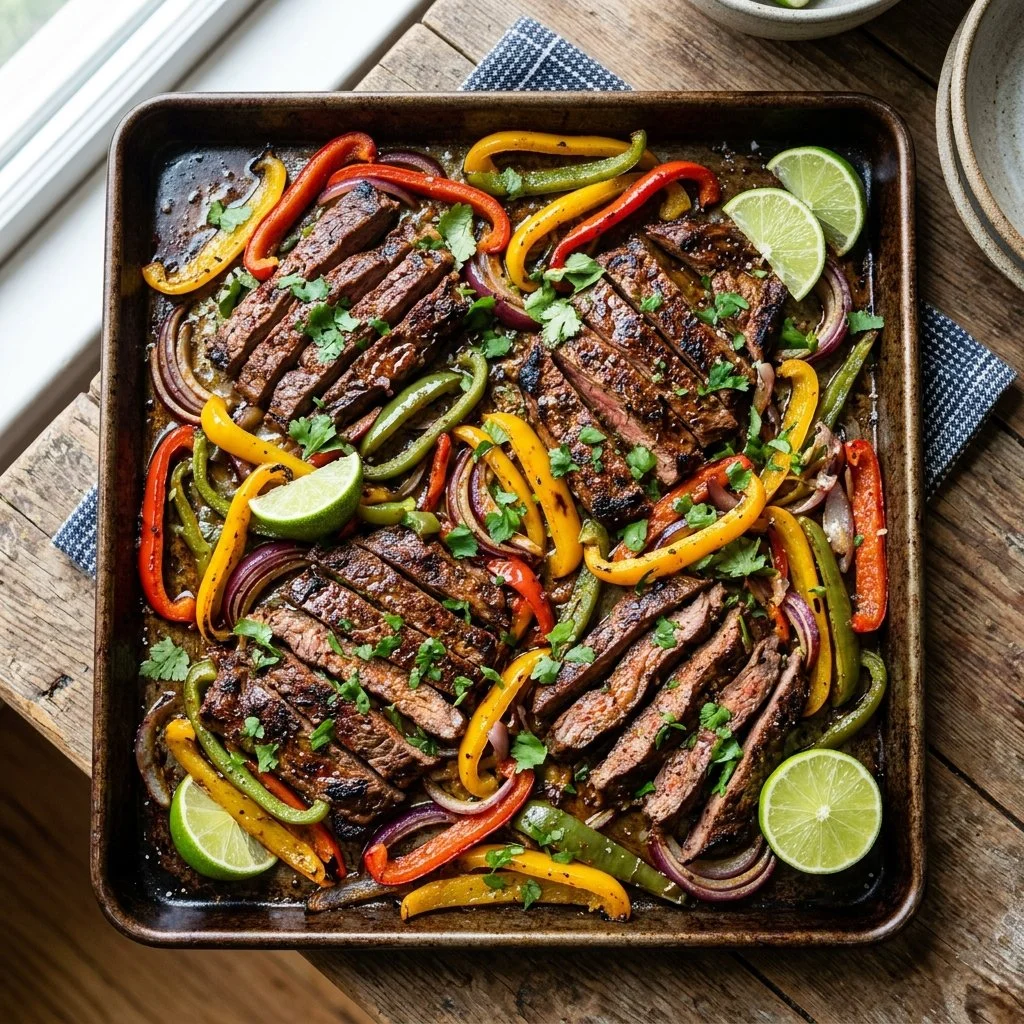 Sheet Pan Fajitas ready to serve with colorful peppers and seasoned chicken.