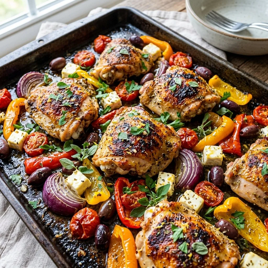 Delicious sheet pan Greek chicken with fresh vegetables and herbs